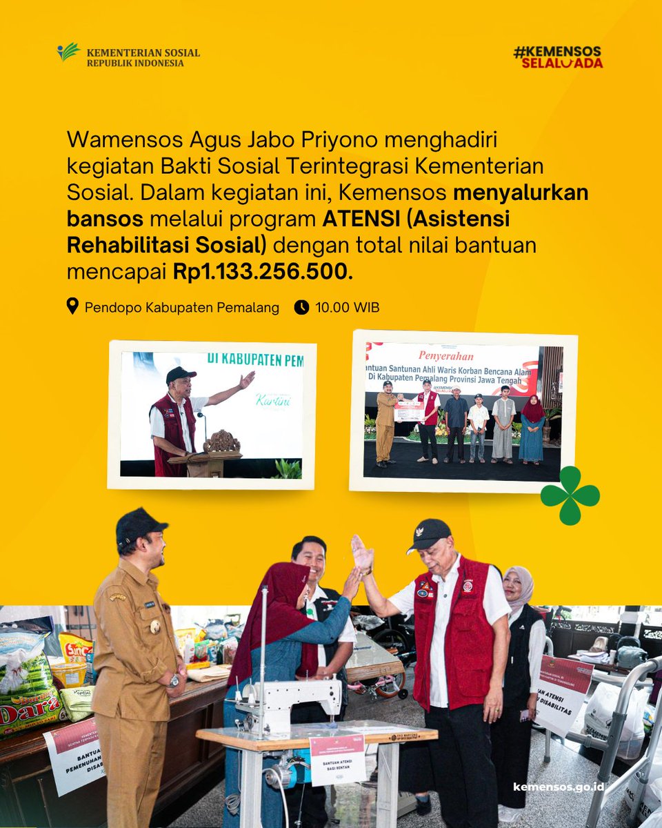 KemensosRI's tweet photo. Di #SelaluAdaKabarBaik edisi 18 Mei 2026, Menteri Sosial Saifullah Yusuf dan Wakil Menteri Sosial Agus Jabo Priyono menjalani serangkaian agenda di Jakarta hingga Jawa Tengah. https://t.co/ig8bNwSgy7