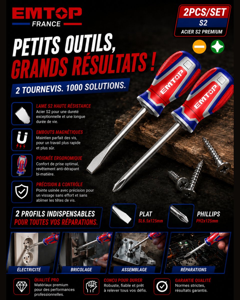 EMTOP_FRANCE's tweet photo. 🔧 Petits outils, grands résultats.

Les tournevis EMTOP France offrent précision, confort et résistance grâce à l’acier S2 premium 💪

✔️ Embouts magnétiques
✔️ Poignée ergonomique
✔️ Conçus pour durer
2 tournevis. 1000 solutions. 🔥
#EMTOPFrance #DIY #Outillage #Bricolage #Tool https://t.co/ktlHaoBWOl