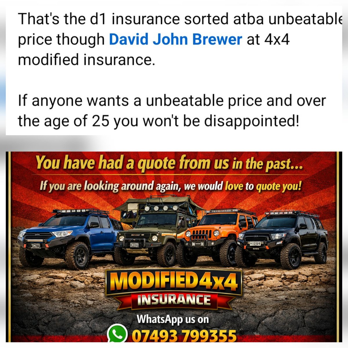 Insurance4x4's tweet photo. WhatsApp us on 07493 799355 if you are looking around for an insurance quote on your modified 4x4 https://t.co/VMHyKX4hfF