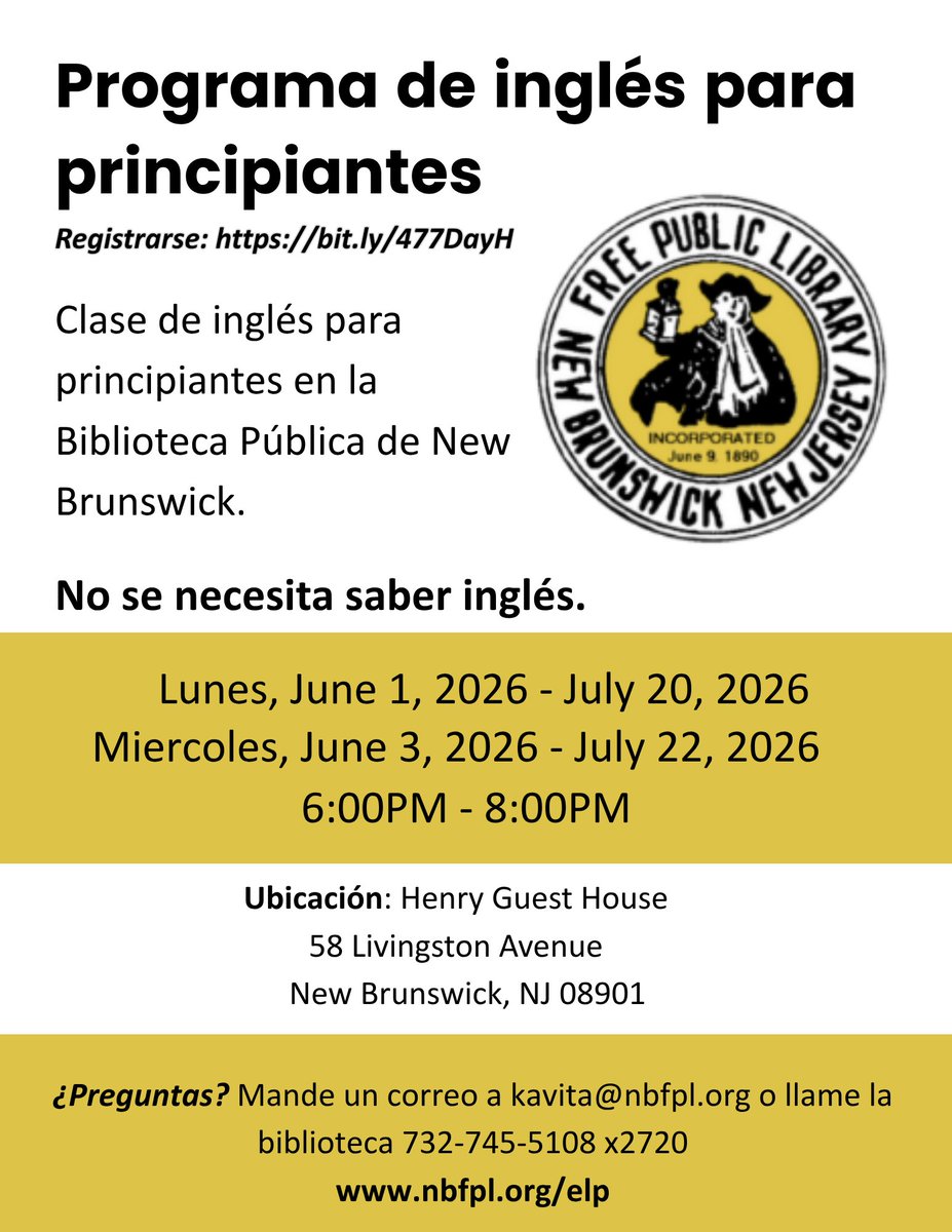 NBFPLNJ's tweet photo. Our English for Beginners course will teach English over the course of 8 weeks from June 1 to July 22. Sessions will be held on Mondays and Wednesdays from 6pm - 8pm. Sign up with this link: https://t.co/EeqbJaoCHk https://t.co/ABZU91XRSS