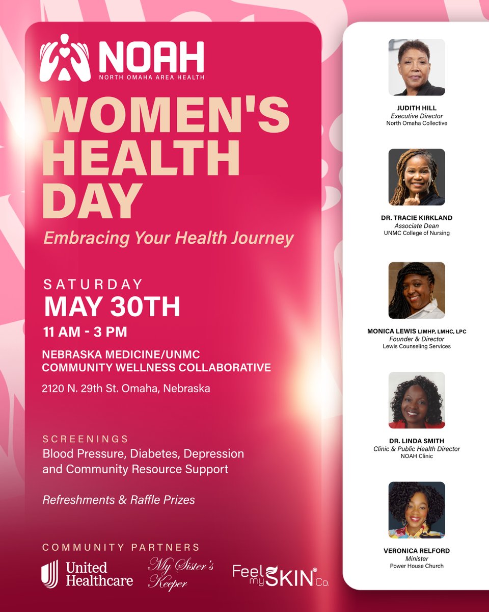 UNMCCON's tweet photo. 📅Save the date📅North Omaha Area Health (NOAH) will host its Women's Health Day on Saturday, May 30. The event features comments from @UNMC College of Nursing representatives and partners, as well as health screenings and raffle prizes! More details👇 https://t.co/l1fgHxpmRr