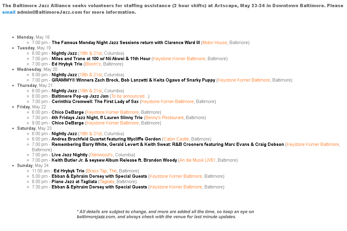 BaltimoreJazz1's tweet photo. Where's the Jazz? Here's what's happening in the Baltimore jazz scene this week - if we're missing something, let us know! Find complete details (or better still, add your own events!) at https://t.co/iQ9ikOvwOC #baltimorejazz #wheresthejazz
Member-supported, volunteer-run, BJA https://t.co/1bArcHhvvy