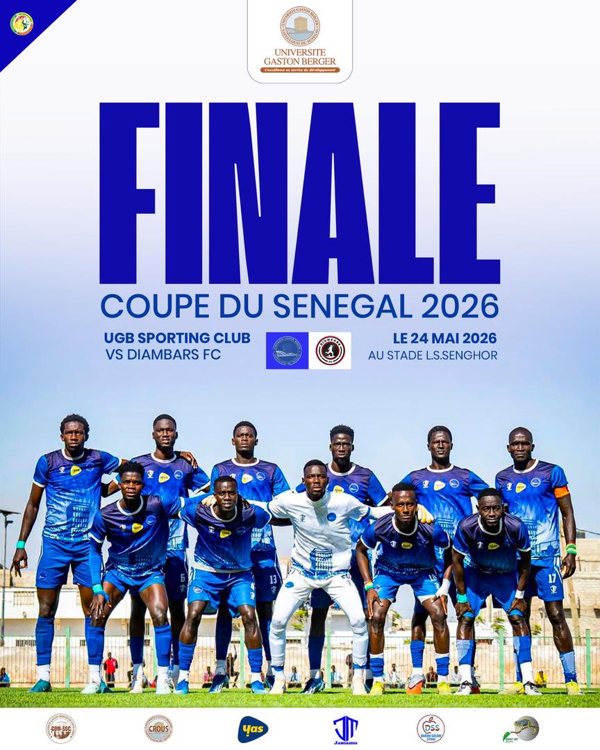 UGBSN's tweet photo. 🏆 Finale Coupe du Sénégal 2026 !
L'UGB Sporting Club 🆚 Diambars FC
📅 24 mai 2026
📍 Stade L.S. Senghor
📣 Toute l’UGB mobilisée derrière son équipe !
🔥 Ensemble, poussons nos joueurs vers la victoire 💙🤍
#USCUGB #CoupeDuSénégal #UGB #Finale2026 https://t.co/5itl5vQRNc