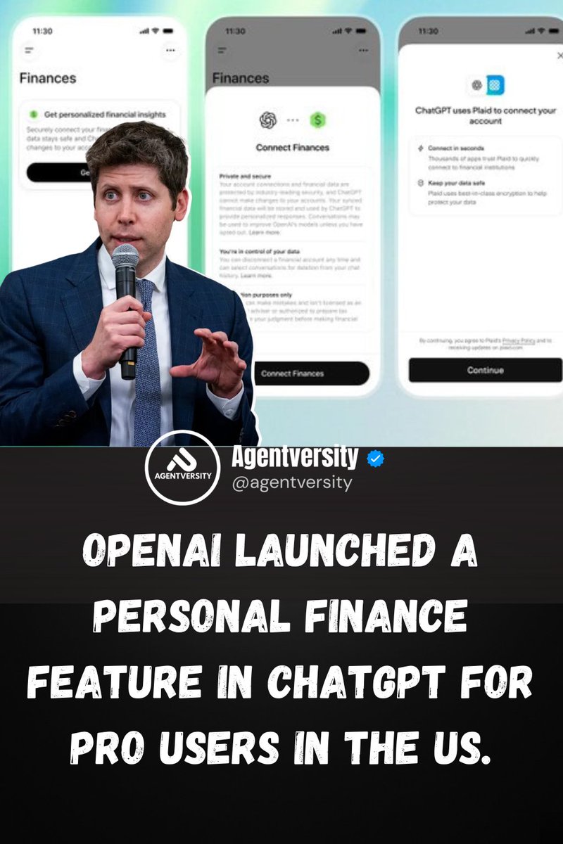 Agent_Versity's tweet photo. OpenAI launched a personal finance feature in ChatGPT for Pro users in the US. 

You connect your bank accounts via Plaid, get a spending dashboard, and can ask GPT-5.5 questions grounded in your actual transaction data - balances, spending patterns, subscriptions, investments. https://t.co/2y64dq6tN8
