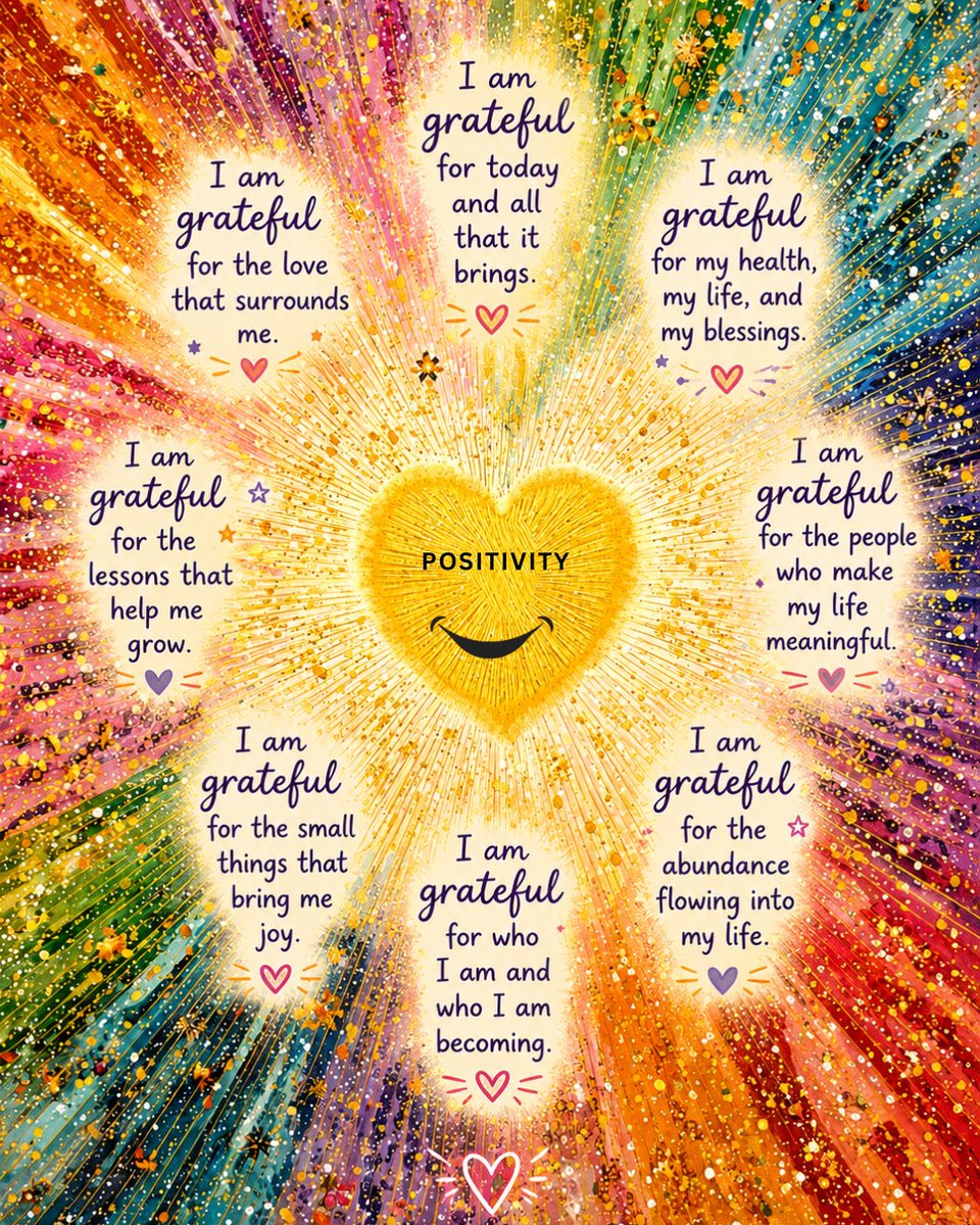 PositivitySaid's tweet photo. "Practice gratitude daily." 🌟💛

I am grateful for today and all that it brings.  
I am grateful for my health, my life, and my blessings.  
I am grateful for the love that surrounds me.  
I am grateful for the people who make my life meaningful.  
I am grateful for who I am and who I am becoming.

Gratitude turns what we have into enough.  
Let this be your reminder today — there is always something to be thankful for.

Which of these gratitude statements resonates with you most right now?