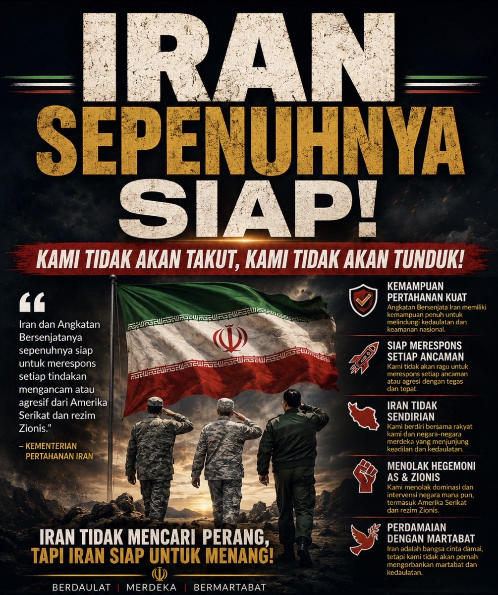 IraninIndonesia's tweet photo. Juru bicara Kementerian Pertahanan Iran menyatakan bahwa Angkatan Bersenjata Iran dan bangsa Iran tetap berada dalam kesiapan penuh untuk merespons setiap tindakan ancaman atau agresi dari Amerika Serikat dan rezim Zionis. https://t.co/PxnEH1ieaK
