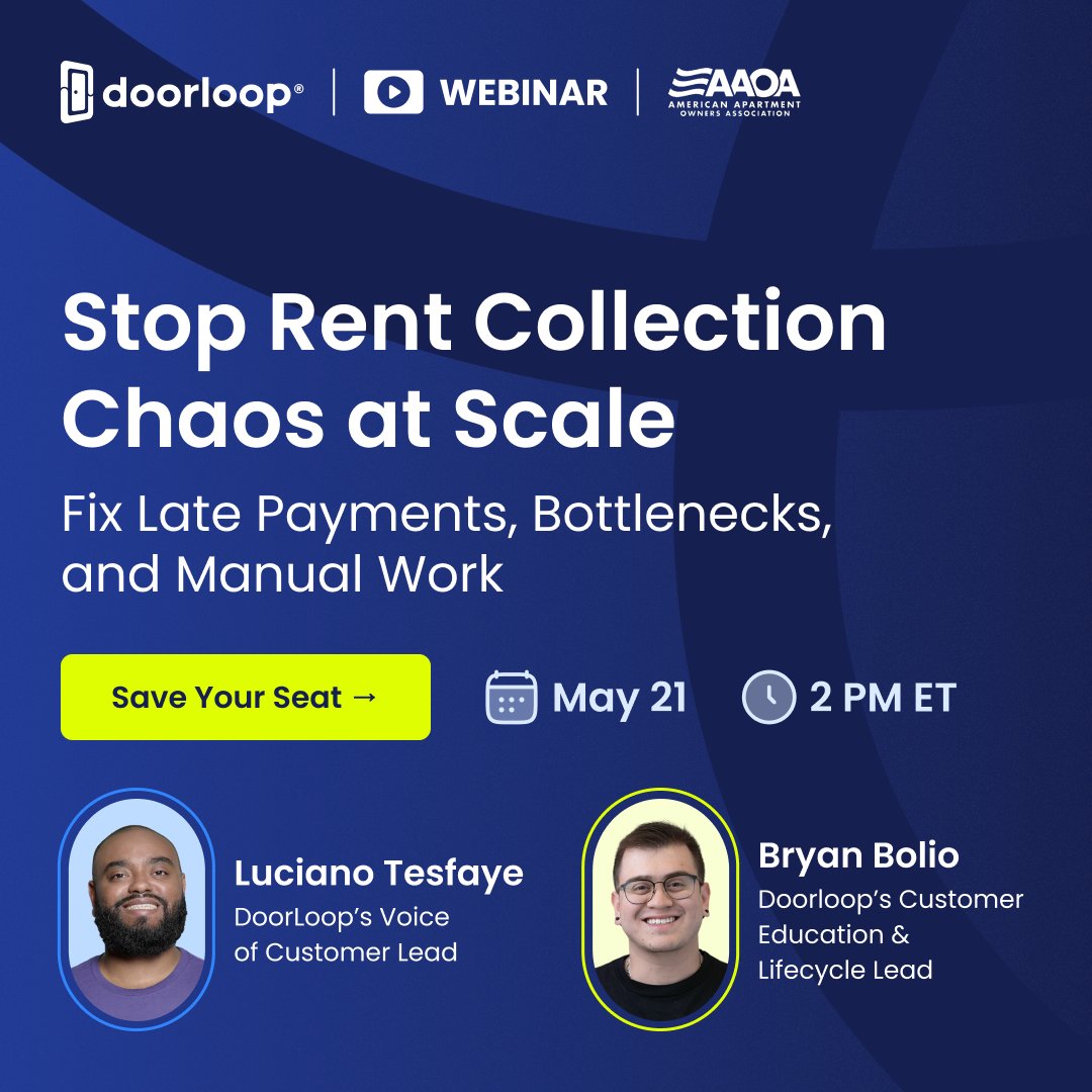 doorloopapp's tweet photo. Manual rent collection is killing your team's time and your cash flow. 

Join DoorLoop + @AAOA  on May 21 to learn how to automate it without disrupting your tenants. 

Save your seat for the free webinar 👉 https://t.co/qW2Y6UGklY https://t.co/zizATxkW4y