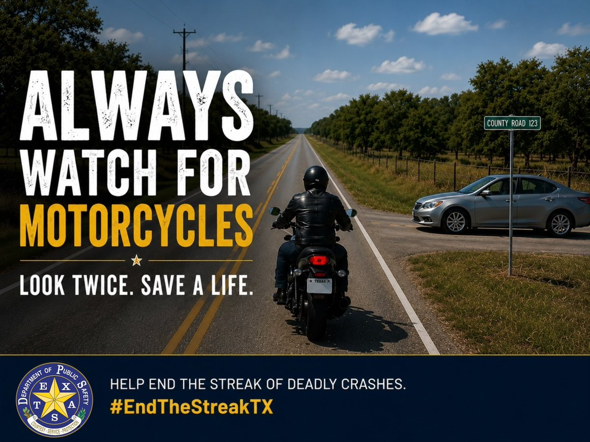 TxDPSNorth's tweet photo. Motorcycles are smaller and harder to see.
Please do your part- always watch for motorcycles.
It could save a life. https://t.co/ybvskIUJUE