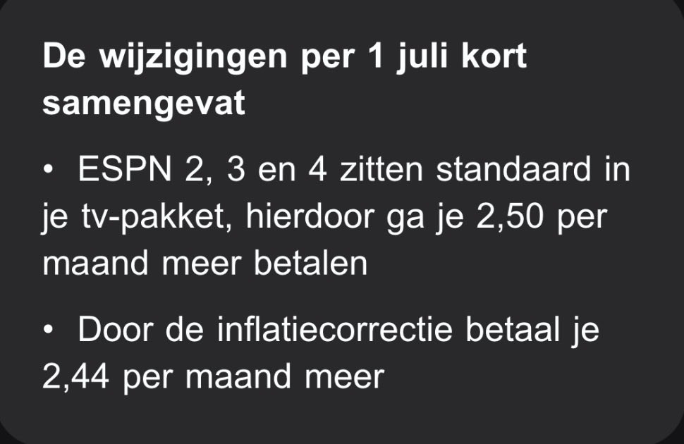 andremilder's tweet photo. @ZiggoWebcare 
Zijn jullie de weg helemaal kwijtgeraakt? Ik krijg dus een ESPN gratis door strot geduwd waar ik niet om gevraagd heb en moet daarvoor € 2,50 per maand extra betalen.
Meestal krijg ik cadeautjes waarvoor ik niet hoef te betalen. Wanneer zijn de overstap weken https://t.co/zMsBjOHrwg