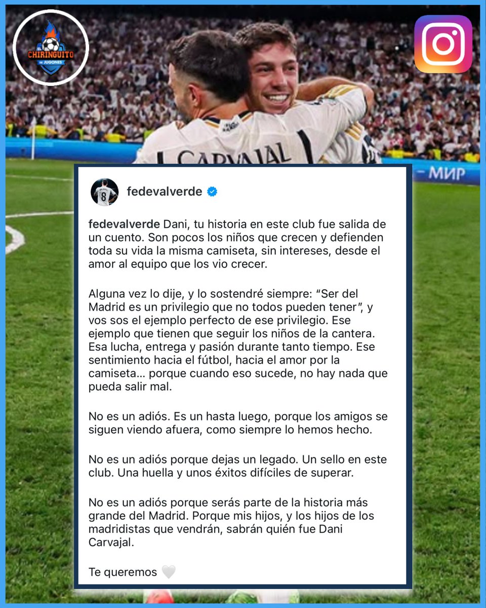 elchiringuitotv's tweet photo. 🥺 FEDE VALVERDE se DESPIDE de CARVAJAL:

❤️ "No es un adiós porque serás parte de la historia más grande del Madrid".

🤍 "Ser del Madrid es un privilegio que no todos pueden tener". https://t.co/sRv7Hwd5cM