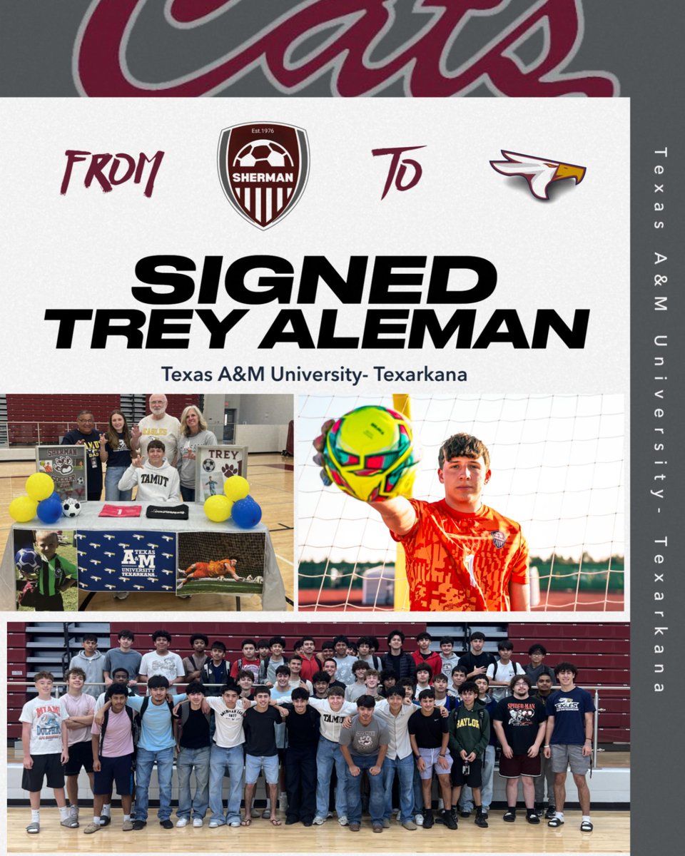 SHBearcatSOC's tweet photo. Congratulations to our very own Trey Aleman for officially signing with TAMU-Texarkana. Going to continue his education and athletic career at the next level!! Bearcat Soccer is indebted to you for your dedication and leadership over the last 4 years!! All the Best!! #WinTheDay https://t.co/w6KZtwM8u2
