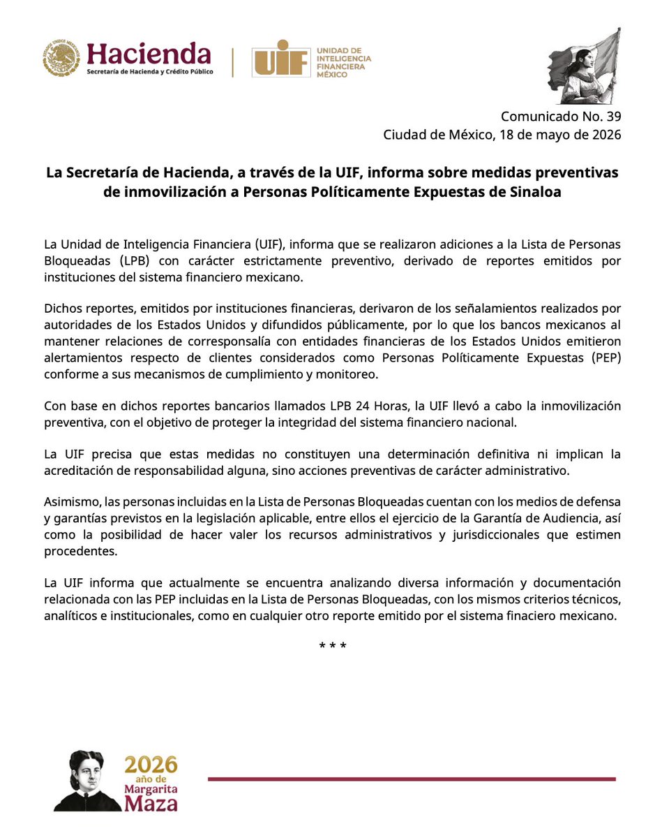 azucenau's tweet photo. 🚨La UIF publica el comunicado sobre el bloqueo de cuentas bancarias de Rubén Rocha Moya y otros 9 mexicanos acusados por EU.

Explica que son nuevas adiciones a la Lista de Personas Bloqueadas como “medida preventiva”.

Menciona que el bloqueo de cuentas no implica culpabilidad, sino una acción administrativa para proteger al sistema financiero, mientras continúa el análisis de personas políticamente expuestas.