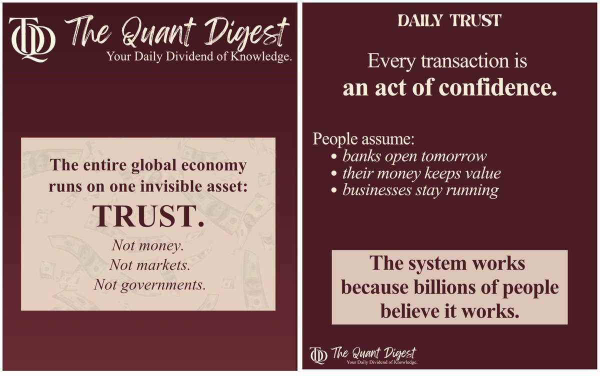 TheQuantDigest's tweet photo. Markets don’t just run on money. They run on trust.

The moment confidence disappears, consumers pull back, investors panic, and fear becomes economic reality.

#Economics #Investing #Finance #StockMarket #BehavioralFinance #moneysavingtips #money https://t.co/dEPH0XAMap