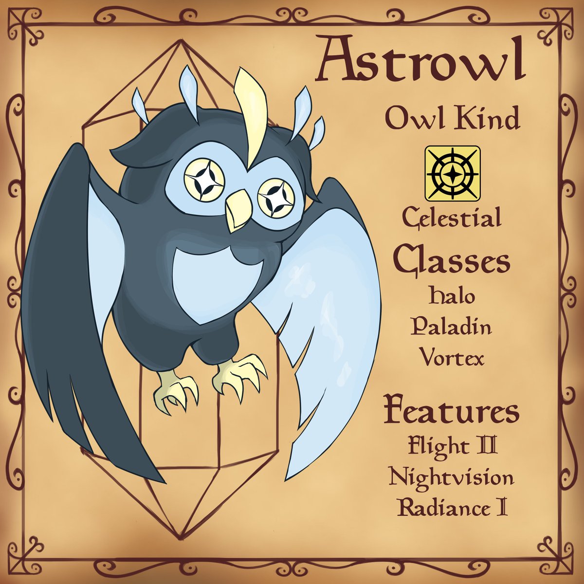 CryturesRPG's tweet photo. Using their halo of glowing feathers, Astrowls have developed further tactics to confound and confuse both prey and predator. In the darkness of night, these points of light can easily be mistaken for multiple crytures, and they liberally use this fact to scare away larger packs of crytures that may be looking for an easy meal. 

When they themselves are out hunting, Astrowls will use this ability to trick prey into thinking that a whole flock is coming from one direction, while their younger allies come from the other side to trap them from both sides.