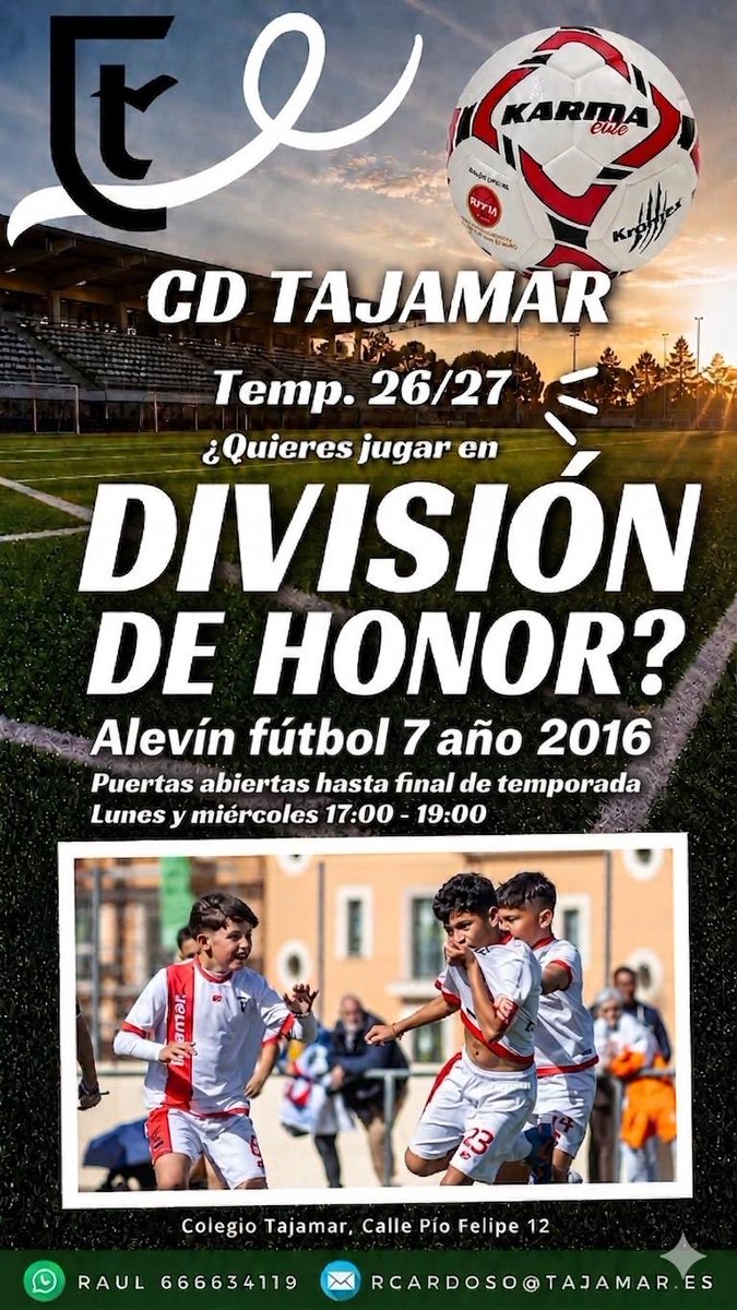 CDTajamarFutbol's tweet photo. ¡Esta es tu oportunidad❗️

Estamos buscando refuerzos para nuestro Alevín F-7  de División de Honor de cara a la temporada 26-27.

Te esperamos. 🥚🔴

👇👇👇👇 https://t.co/3yfosNLzP0