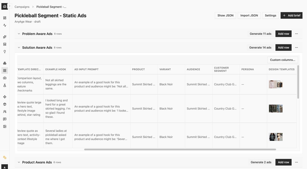 radihuq's tweet photo. We’re rebuilding our Persona Testing playbook and I’m liking how this new workflow is turning out:

1. Jam with Claude to come up with full-funnel creative strategy. Export as JSON

2. Import JSON into our internal tool

3. 1-click generate 30 static ads. Launch the best 20 https://t.co/BEV8i4O8t3