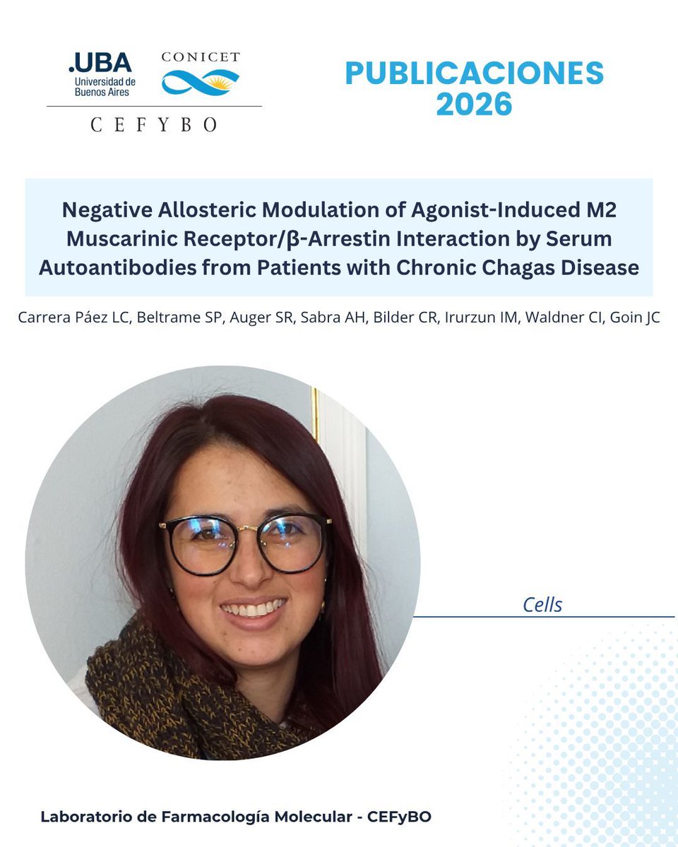 cefybo's tweet photo. 🎊 Felicitamos al Laboratorio de Farmacología Molecular por el trabajo publicado en la revista Cells: Negative Allosteric Modulation of Agonist-Induced M2 Muscarinic Receptor/β-Arrestin Interaction by Serum Autoantibodies from Patients with Chronic Chagas Disease. https://t.co/Qon07MV2eG