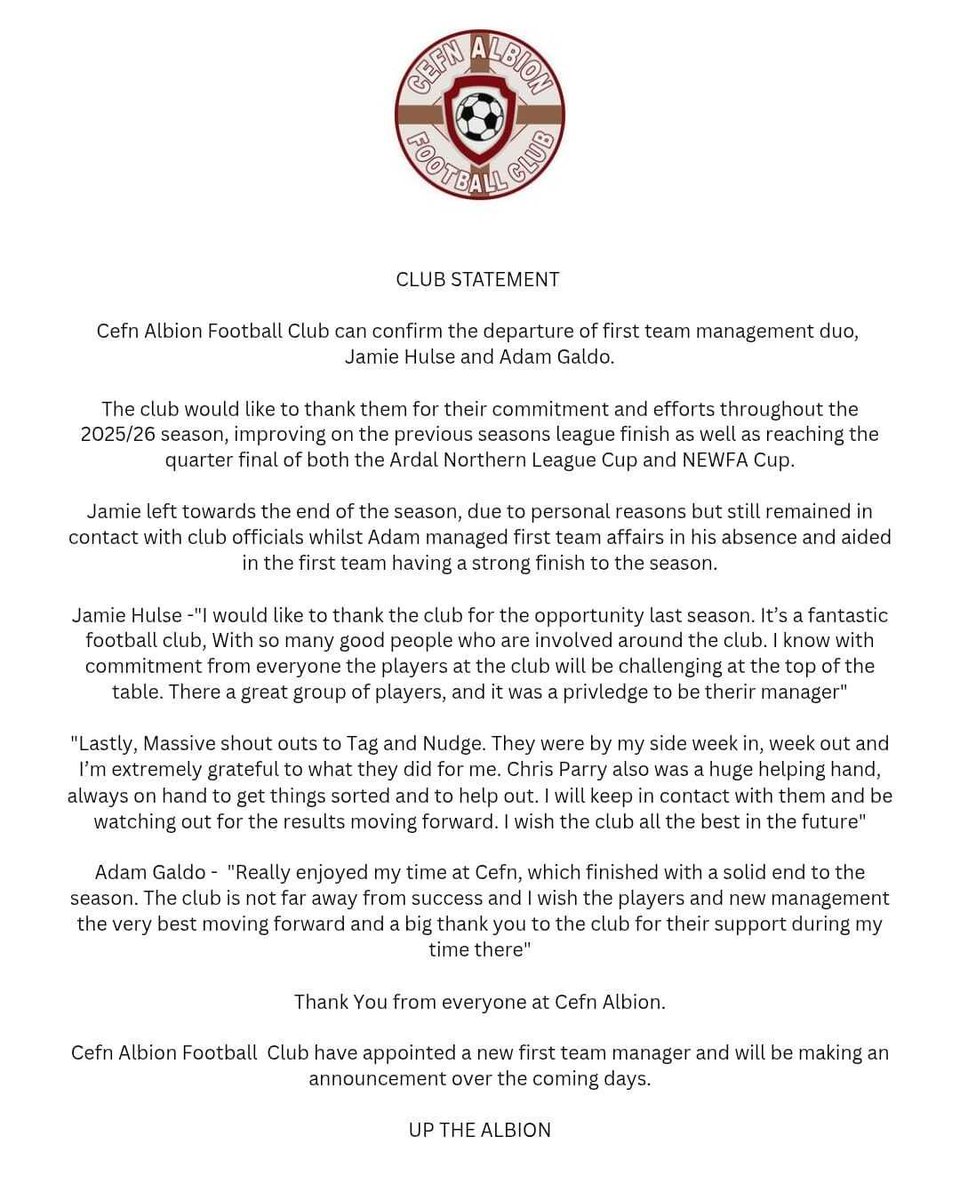 CefnAlbionFC's tweet photo. CLUB STATEMENT – MANAGEMENT DUO DEPART CEFN ALBION ⚽

Cefn Albion FC announce the departure of our First Team Manager and Assistant Manager.

We’re grateful for their dedication and the positive impact they’ve had on the squad throughout the 2025/26 season.

Everyone at the club would like to place on record their sincere gratitude to both Jamie and Adam, and we wish them every success in their future endeavours.

Please see the attached statement for more. 

#UPTHEALBION 
#TOGETHER
#THANKYOU