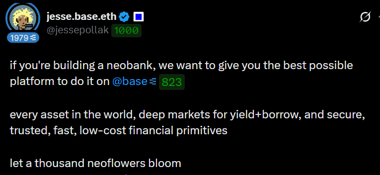 Def7771's tweet photo. 🟦Base is openly recruiting neobank builders.
 Jesse Pollak laid out the pitch  any asset, deep yield+borrow markets, fast cheap rails. 
That moves Base from a DeFi chain to fintech infrastructure. 
This is the Base shift I'm watching closest right now. https://t.co/UluVStcsZd