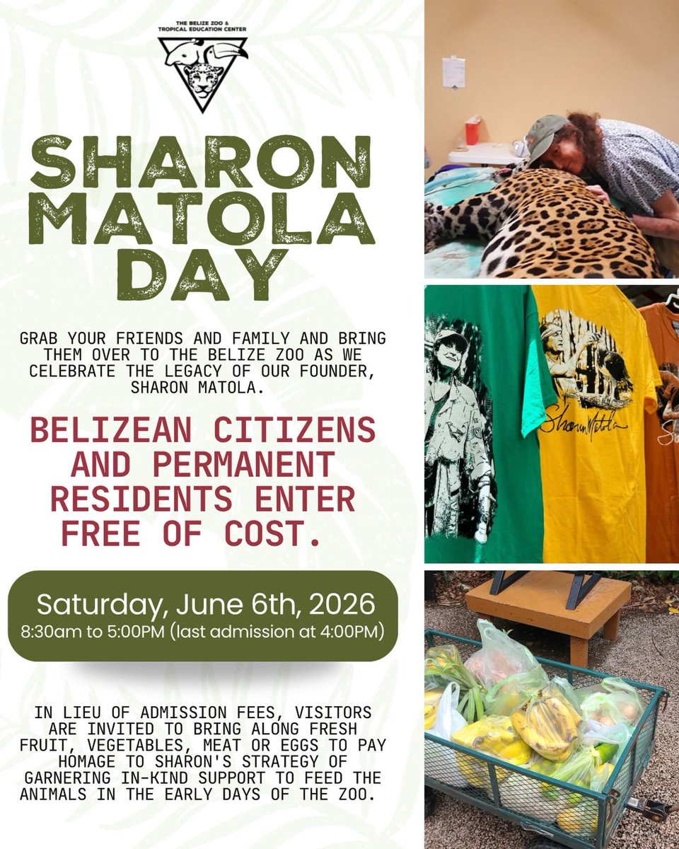 ZooBelize's tweet photo. Come celebrate the legacy of a true conservation hero with us.  Sharon Matola Day is happening on Saturday, June 6th, 2026, and we’re inviting YOU!

All Belizeans and permanent residents will enjoy FREE entry to the Belize Zoo. Yes, FREE!

Keep an eye out for more details. https://t.co/p6bSBRJ9zr