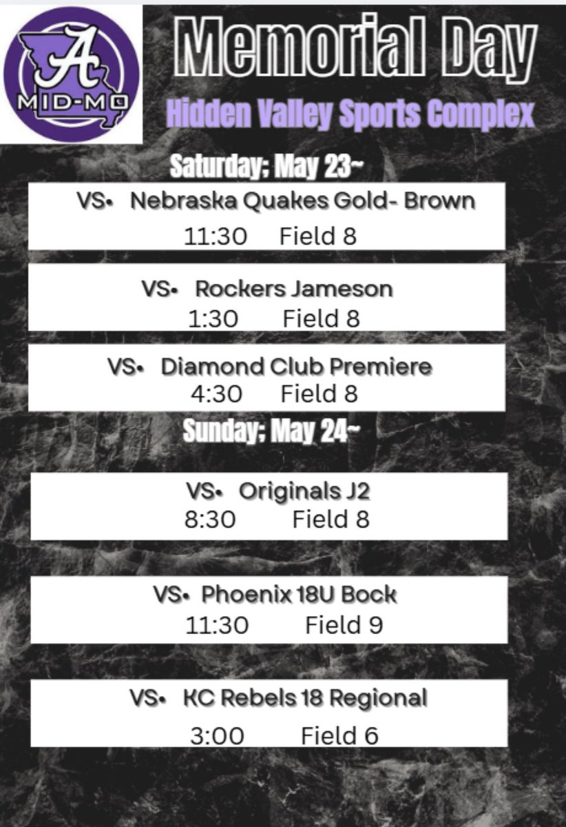 khackmann09's tweet photo. Here is my schedule for this Memorial Day weekend! Bracket play can start of Sunday night or Monday morning. 

@AcesFPMidMO @DiamondAddicts @SBRRetweets @ExtraInningSB https://t.co/SF9Fxhzoc4