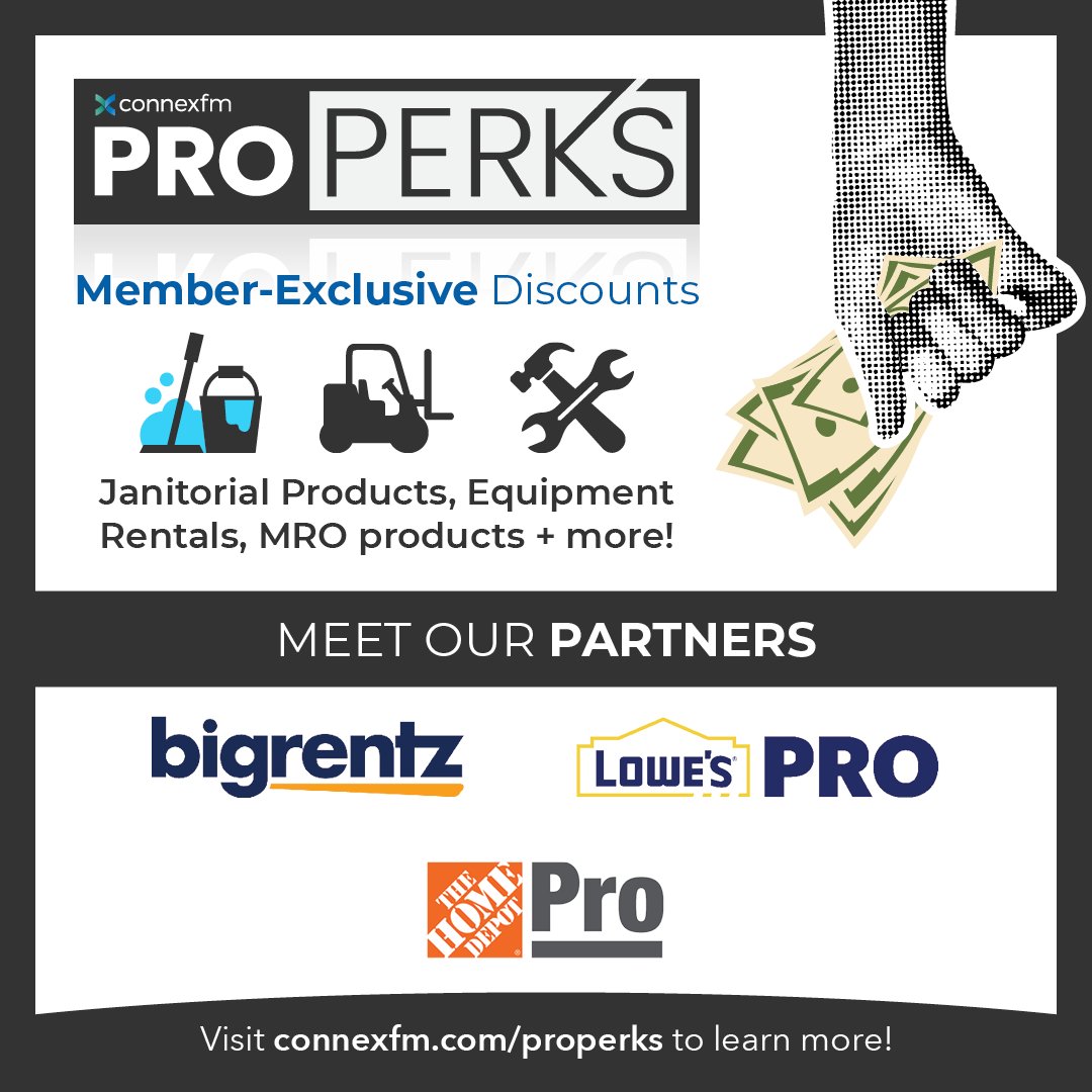 ConnexFM's tweet photo. Your team is spending thousands, maybe even tens of thousands, on facility management supplies. Even saving a few cents on the dollar could put serious money back into your bottom line.

If you're a member of ConnexFM, ProPerks gives your entire organization access to savings on equipment, materials, cleaning products, office supplies, and more.

Get perks that pay you back.
https://t.co/LoiFrFoTzB