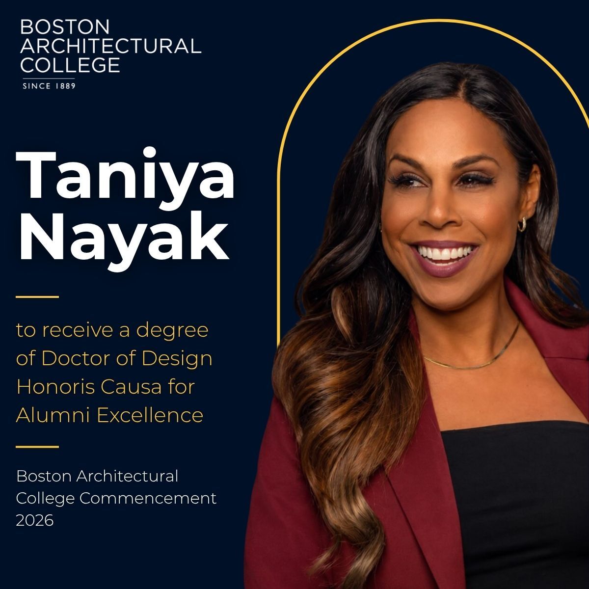 TheBACBoston's tweet photo. We are proud to announce that Taniya Nayak, BAC alumna and Principal of Taniya Nayak Design, will receive the degree of Doctor of Design Honoris Causa for Alumni Excellence at our 2026 Commencement. https://t.co/MZgq3k2VC1

#HonoraryDoctorate #InteriorDesign #TaniyaNayak https://t.co/TZ5dCa87E5