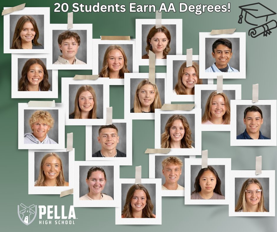 PellaSchools's tweet photo. Congratulations to the 20 Pella High School seniors who have earned their AA degrees through our partnership with DMACC! 

We are proud to offer opportunities like this, allowing students to earn college credit—and even a college degree—before graduating from Pella High School. https://t.co/dBYR55KOse