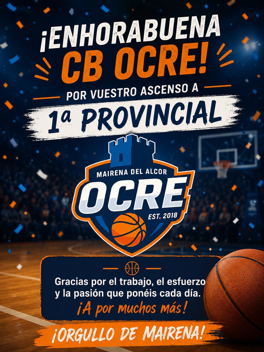 mairena_primero's tweet photo. 🏀🔥 EL CB OCRE COMELEC ASCIENDE A 1ª PROVINCIAL 🔥🏀

👏 ¡Enhorabuena al CB Ocre Comelec por lograr el ascenso a 1ª Provincial!

Un premio al esfuerzo, al trabajo y a la gran temporada realizada por jugadores, cuerpo técnico, directiva y afición. 💙🧡 https://t.co/4aXsLKcKIa