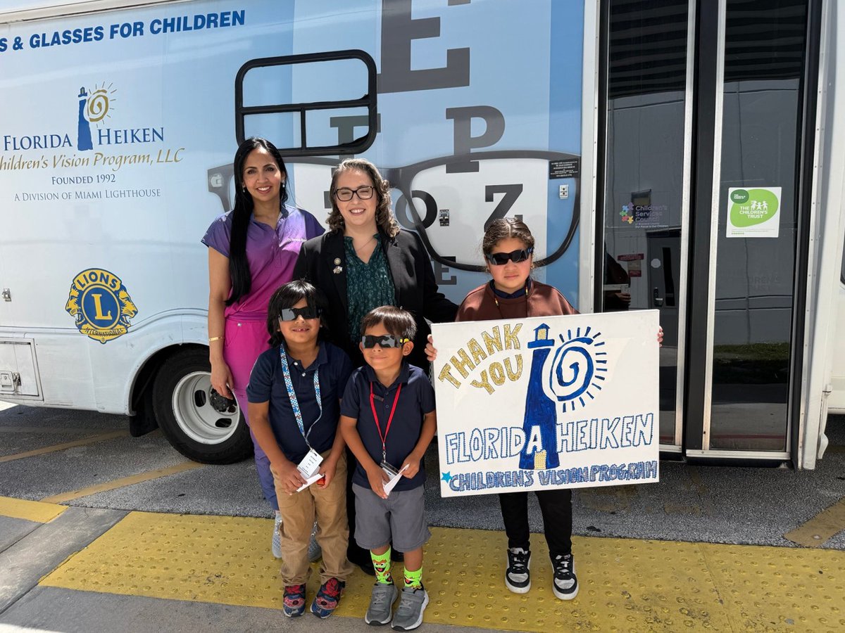Miamilighthouse's tweet photo. Our Florida Heiken Children’s Vision Program mobile eye care units provide free comprehensive eye exams and eyeglasses to financially disadvantaged children in need across the state of Florida. On a recent visit to Barton Elementary School, our Heiken team provided 35 students with free comprehensive eye exams, and of those students whose eyes were tested, 28 will receive free prescription glasses from Heiken. 👏🚚 

Special guest Florida Representative Debra Tendrich @DebraForHouse stopped by to cheer on our Heiken team, optometrist Dr. Tanzila Rahman, optometric technician Carmen Arguijo, and Christian Fernandez, during their visit. Thank you, Representative Tendrich, for supporting Florida Heiken! 👁️👓

Supporting our Florida Heiken Children's Vision Program contributes to children's success, helping them gain the confidence of knowing that they can see well and participate in school and life like the rest of their classmates, despite their vision impairment.💙 @pbcsd @BartonChargers 

We encourage Florida residents to reach out to their county's elected officials to urge them to support the Florida Heiken Children's Vision Program's continued funding! 📢

Learn more about our Heiken program ➜ https://t.co/Qwfdy8APjp

#MiamiLighthouse #FloridaHeiken #SupportKids #EyeHealth #CommunityLeaders