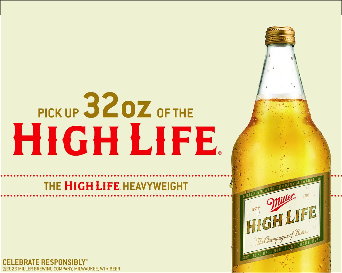 KlossDistribut1's tweet photo. Featured Brand of the Week!

Miller High Life in NEW 32oz. Bottles
 
ABV 4.6%

🍻The Champagne of Beers just got BIGGER! 🍻
Kloss Distributing now has your favorite crisp, easy-drinking American style lager beer in BIG 32 oz. bottles for more beer and more good times, with the same classic High Life taste.
 
Miller High Life is a classic, offering a crisp, easy-drinking American style lager beer. Brewed with a proprietary blend of malted barley, Galena hops from the Pacific Northwest and Miller yeast, High Life is perfect for your summer barbeques and pairs perfectly with burgers, hot dogs or wings.
 
Ice cold, classic, and ready for your next round, contact your Kloss sales rep today to order and raise a toast with the Champagne of Beers today!