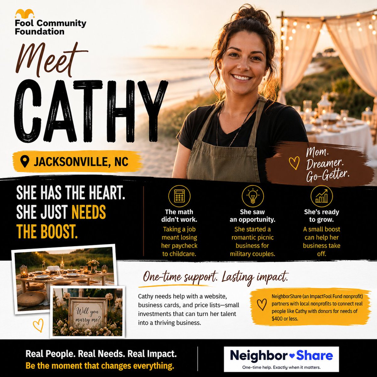 foolfoundation's tweet photo. The math just didn't work. Childcare cost more than the paycheck. So Cathy built a romantic picnic business for military couples instead.

She needed just $400 to make it real. @nbshare made it happen. This is exactly the kind of nonprofit our ImpactFool Fund proudly supports.💛 https://t.co/wSLtVQhl2r