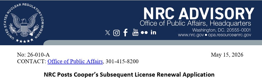 HopfJames's tweet photo. Another day, another application for an NRC license to run a nuclear plant for 80 years.  This time, for the Cooper Nuclear Station in Nebraska.  The license will allow the plant to run until 2054.  Article link in reply. https://t.co/1nzrE6s4se