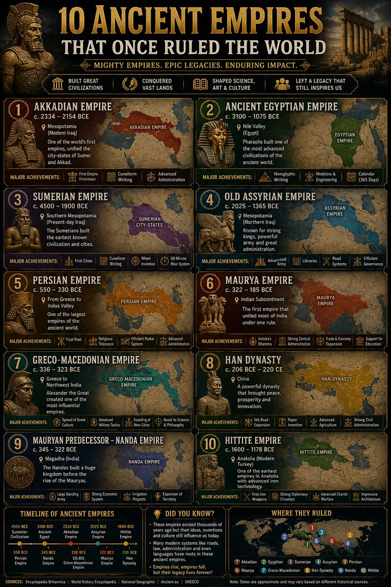 Real_Trendva's tweet photo. 🏛️ Long before modern countries existed, ancient empires were already building cities, laws, trade routes and civilizations that shaped humanity forever.

Some disappeared.
But their legacy still influences the modern world today. 🌍📜

📊 10 Ancient Empires That Once Ruled The World

1️⃣ Akkadian Empire (c. 2334–2154 BCE)
📍 Mesopotamia (Modern Iraq)
• One of the world’s first empires
• Early centralized administration

2️⃣ Ancient Egyptian Empire (c. 3100 BCE onward)
📍 Nile Valley
• Pyramids & monumental engineering
• Hieroglyphic writing system

3️⃣ Sumerian Civilization / City States (c. 4500–1900 BCE)
📍 Southern Mesopotamia
• Earliest known cities
• Cuneiform writing

4️⃣ Old Assyrian Empire (c. 2025–1365 BCE)
📍 Mesopotamia
• Powerful military systems
• Advanced administration

5️⃣ Persian Empire (Achaemenid) (550–330 BCE)
📍 From Middle East to Indus Valley
• Royal Road trade network
• Religious tolerance policies

6️⃣ Maurya Empire (322–185 BCE) 🇮🇳
📍 Indian Subcontinent
• Unified large parts of India
• Ashoka spread Buddhism across Asia

7️⃣ Greco-Macedonian Empire (336–323 BCE)
📍 Alexander the Great’s empire
• Spread Greek culture across continents

8️⃣ Han Dynasty / Chinese Empire (206 BCE–220 CE) 🇨🇳
📍 China
• Silk Road expansion
• Major scientific & administrative growth

9️⃣ Nanda Empire (345–322 BCE) 🇮🇳
📍 Ancient India
• One of the most powerful kingdoms before Mauryas

🔟 Hittite Empire (1600–1178 BCE)
📍 Anatolia (Modern Turkey)
• Early iron weapon technology
• Strong military innovations

📌 Why these empires mattered: • Built early governments & law systems
• Expanded trade across continents
• Advanced science, engineering & philosophy
• Influenced religion, language & culture

🌍 Many modern ideas — roads, administration, taxation, diplomacy and warfare — evolved from systems first developed by ancient empires.

Empires rise.
Empires fall.
But their influence can survive for thousands of years. 🏛️

Sources: • Encyclopedia Britannica
• UNESCO
• National Geographic
• World History Encyclopedia
• Academic historical research