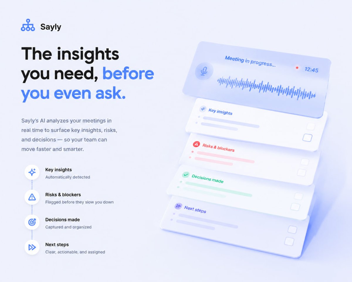 SaylyAI's tweet photo. 🔔Never lose a decision again! 

Sayly now tracks action commitments across meetings automatically. Every task, every decision, every promise made in your calls is indexed and linked - so you can see exactly who agreed to what, when, and in which project.

No more digging through long transcripts or scattered notes. Every decision is contextual, searchable, and actionable - making accountability effortless.

Turn every meeting into a living roadmap for your team. 🗺