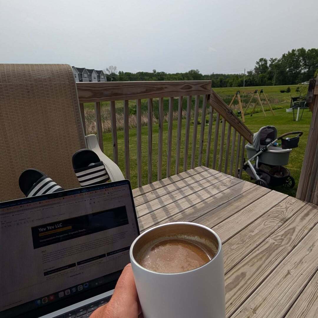YevP's tweet photo. Niece is sleeping, I'm drinking my morning coffee and working on my one-pager. Good vibes over here. https://t.co/nKZAoZP3ug https://t.co/IWooKacxQe