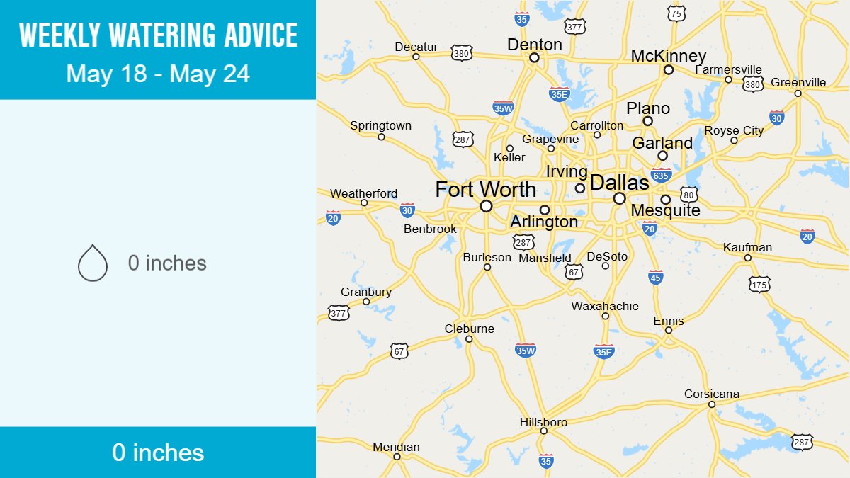 SaveTarrantH2O's tweet photo. Leave sprinklers OFF for now. Storms are expected mid-week with additional chances through the weekend. Water on 1 day later in the week if your lawn does not receive any rainfall.

Sign up for your watering advice @ https://t.co/A6RLPiHfs6. https://t.co/VLJImIvh97