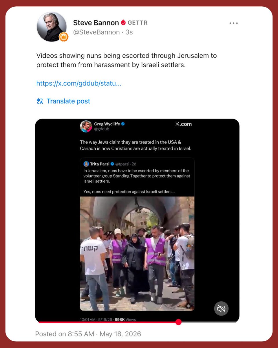 Bannons_WarRoom's tweet photo. Videos showing nuns being escorted through Jerusalem to protect them from harassment by Israeli settlers.

https://t.co/9fwnPbP7wC https://t.co/3klk94L0AR