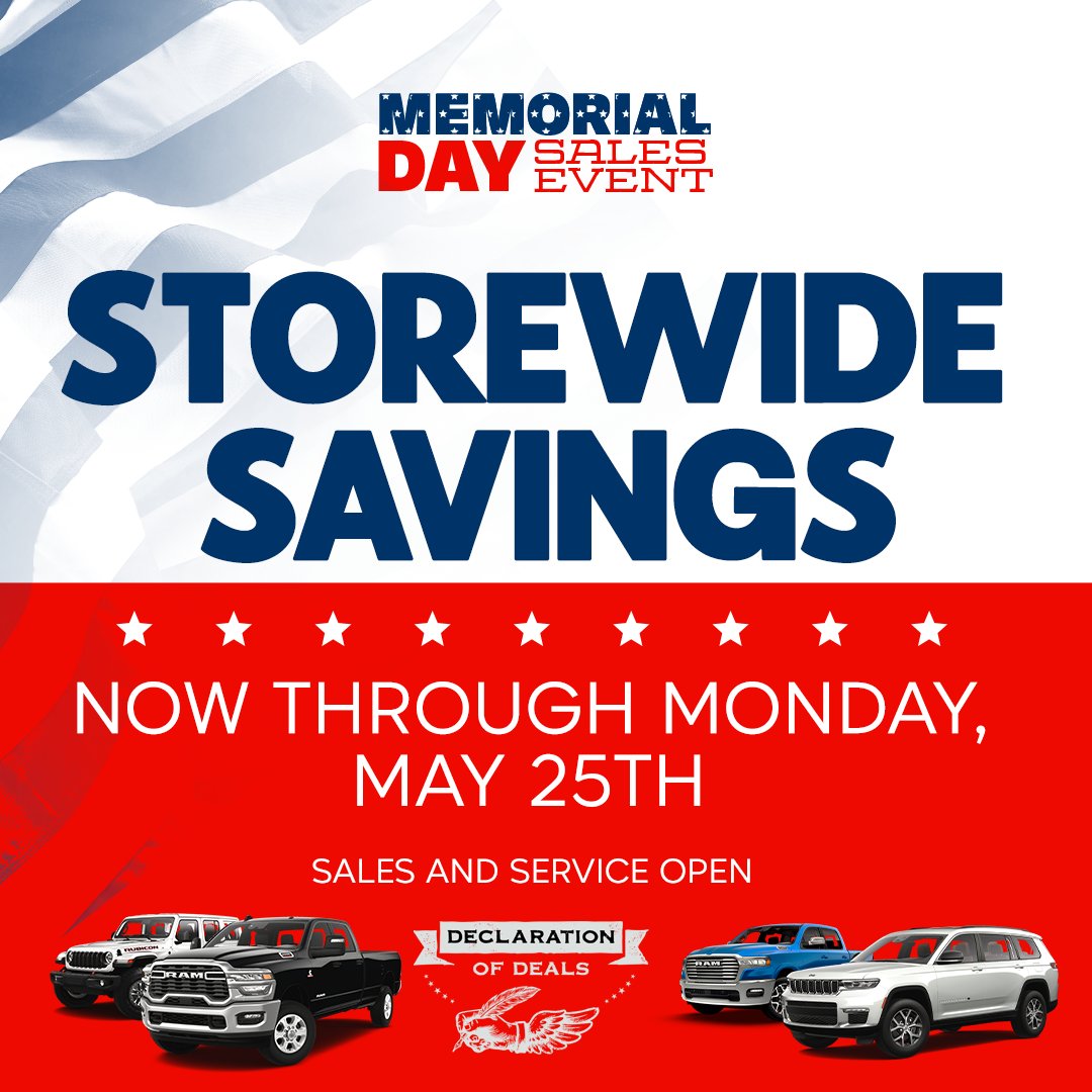 BoltonDCJR's tweet photo. Now through May 25th, shop Memorial Day savings at Bolton CDJR! 🚘

From trucks to SUVs, we’ve got storewide offers you won’t want to miss.

Browse inventory online ➡️ https://t.co/2WkLYQjS3x

#MemorialDay #PortArthurDealer #CDJR https://t.co/g5OCTnHvD5
