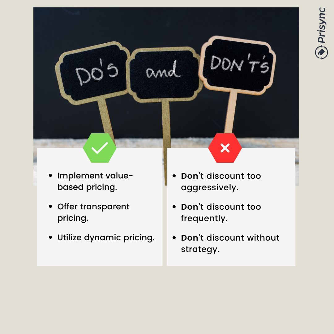 PrisyncCom's tweet photo. Do's and don'ts of #pricingstrategies! 💫

Do try to utilize #dynamicpricing and do not discount without a strategy! ✅

#EcommerceTips #PricingTips #PricingStrategy #PriceItRight https://t.co/QeynBDL9lj