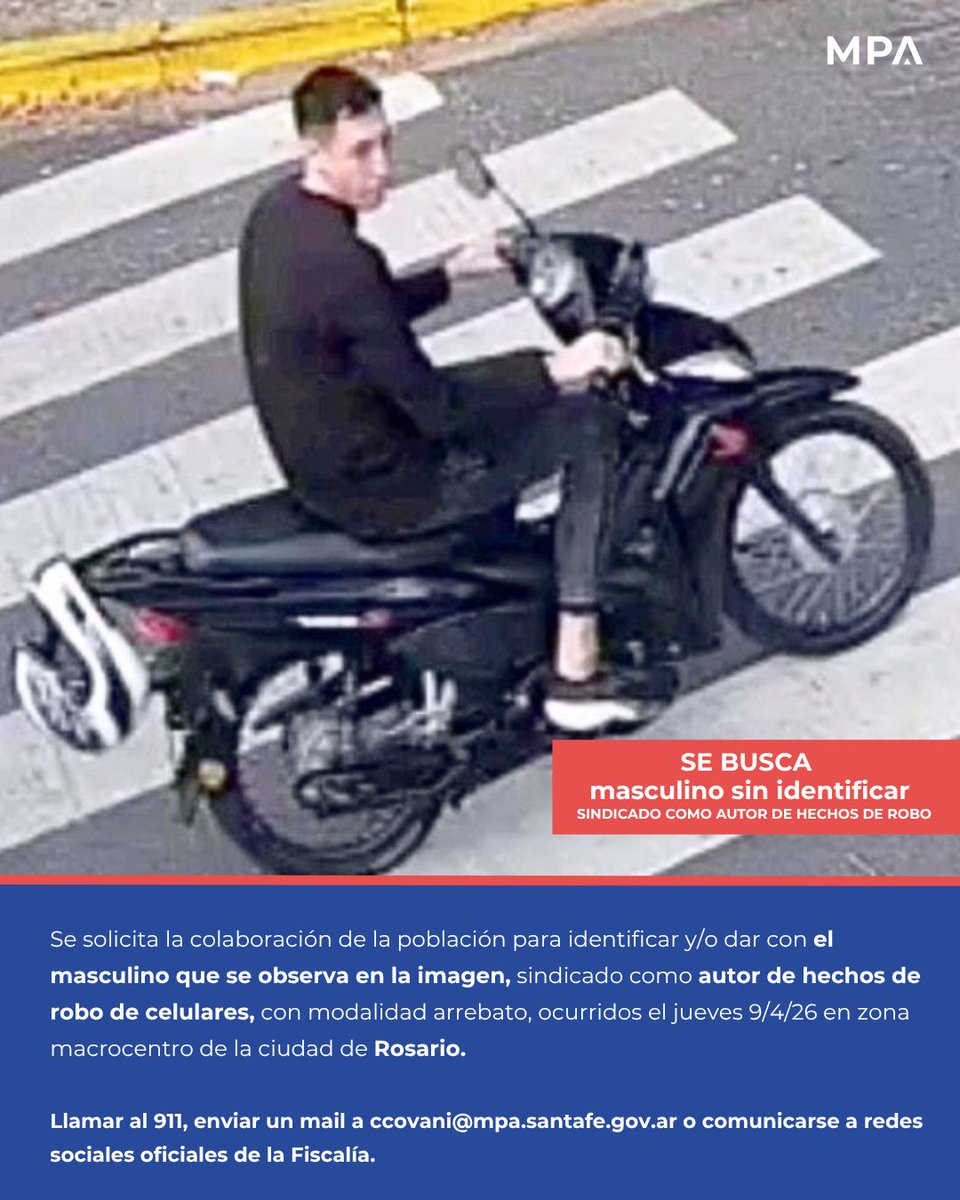 fiscaliareg2's tweet photo. #SolicitudColaboracion | Se solicita la colaboración para dar con personas que puedan aportar datos para identificar a la persona observada en las fotos, sindicado como autor de hechos de robo de celulares, con modalidad arrebato, ocurridos el 9/4/26 en el macrocentro de Rosario. https://t.co/fUdvHWJMh3