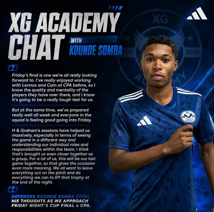 XGAWhyteleafe's tweet photo. 𝙓𝙂 𝘼𝘾𝘼𝘿𝙀𝙈𝙔 𝘾𝙃𝘼𝙏 𝙒𝙄𝙏𝙃 𝙆𝙊𝙐𝙉𝘿𝙀 𝙎𝙊𝙈𝘽𝘼! 🔵⚫️

XG Academy Whyteleafe defender Kounde Somba has his say and tells us his thought’s as we approach Friday night’s Cup Final against CPA.

#XGAcademy #XGA https://t.co/gVorCbBOd9