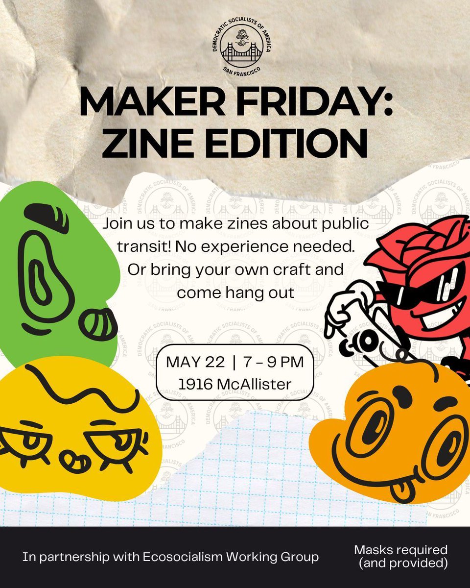 DSA_SF's tweet photo. Join the DSA SF Ecosocialism Working Group to make zines about public transit! Or bring your own craft &amp; a friend and hang out. Everyone is welcome! https://t.co/h3cSb0Y5Rx