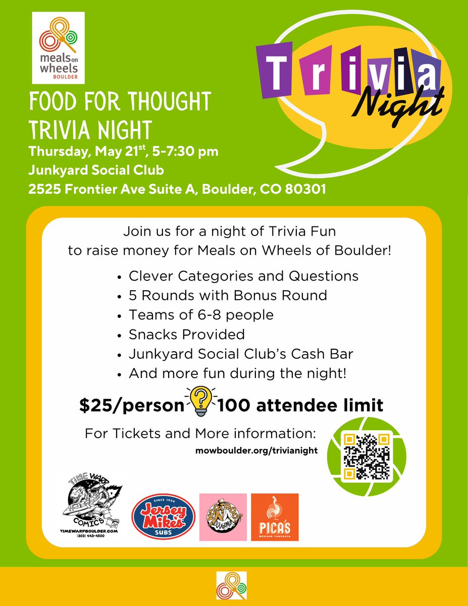 BoulderMOW's tweet photo. Only 15 spots left for Food for Thought Trivia Night this Thurs. Snag them while they are available. Basically room for 2 more teams and a few individuals. The most recent teams to sign up are Risky Quizness and Trivia Newton-John. Clever folks! https://t.co/bp1Yb4BmgQ https://t.co/UWJXLR7QqF