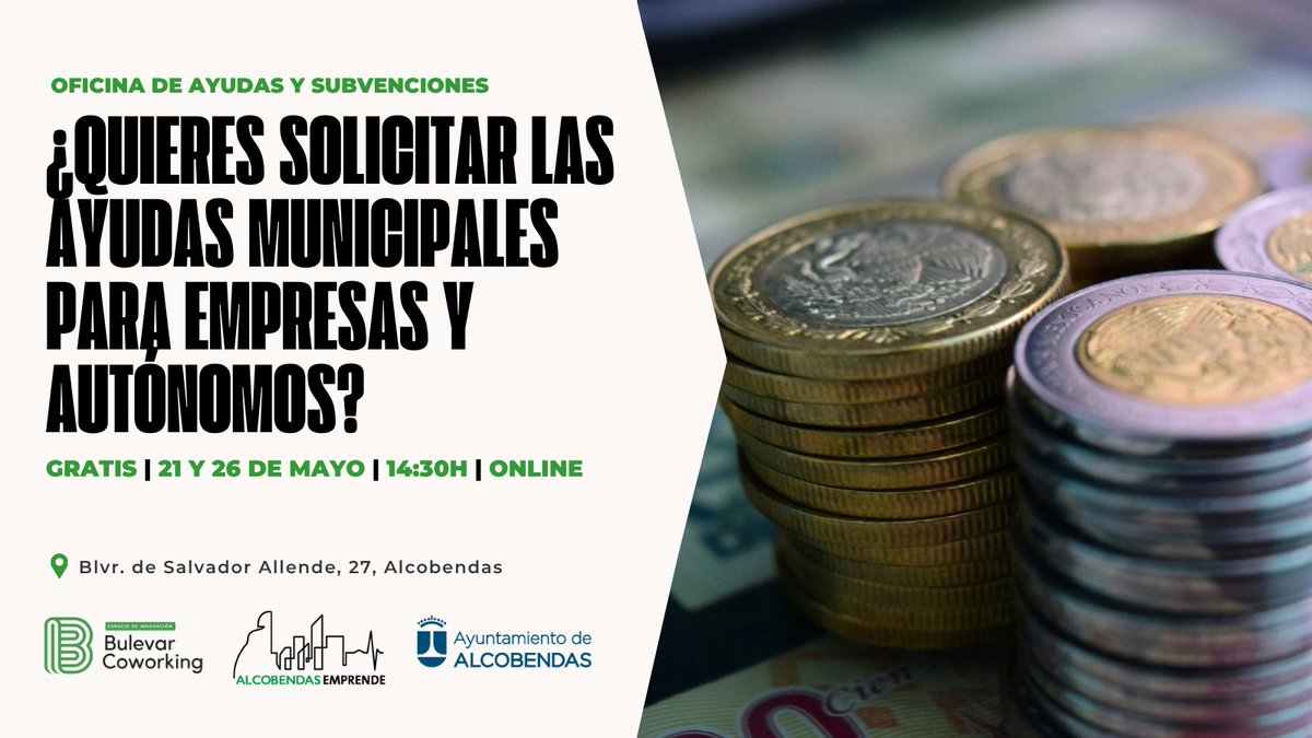 Alcobendas_empr's tweet photo. 💡 Consigue ayudas de hasta 3.000 € si has invertido en reformas, equipos o digitalización en 2026 🚀

📢 Te ayudamos a solicitar las subvenciones del Ayuntamiento de Alcobendas

📅 26 mayo
⏰ 14:30h

🎟️ https://t.co/0kSqNXAUxU https://t.co/KC4eiNX7IO