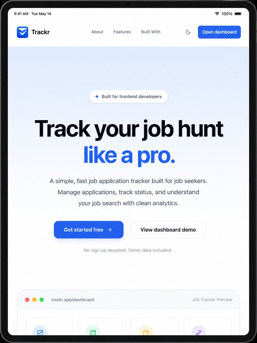 AfsarWebDev's tweet photo. Day 36 &amp; 37 of building Trackr 🚀

Worked on:
✅ Mobile/tablet dashboard
✅ Job card alignment
✅ Cleaner filters
✅ Responsive Kanban

Learning:
Responsive design is more than breakpoints.
Small UI fixes make Trackr feel polished ✨
#BuildInPublic #ReactJS https://t.co/XPEOo9iJWz