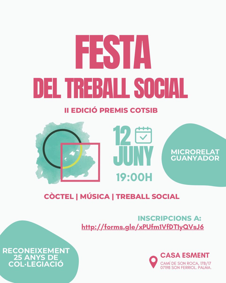 COTSIB's tweet photo. 🎉 Torna la Festa del #TreballSocial!

El pròxim 12 de juny ens retrobam per celebrar la II edició dels Premis #COTSIB, una trobada per compartir, reconèixer i posar en valor la nostra professió. 💙

✨ Una vetlada per celebrar el treball social i reconnectar entre companyes. https://t.co/tUWy9oJU0U