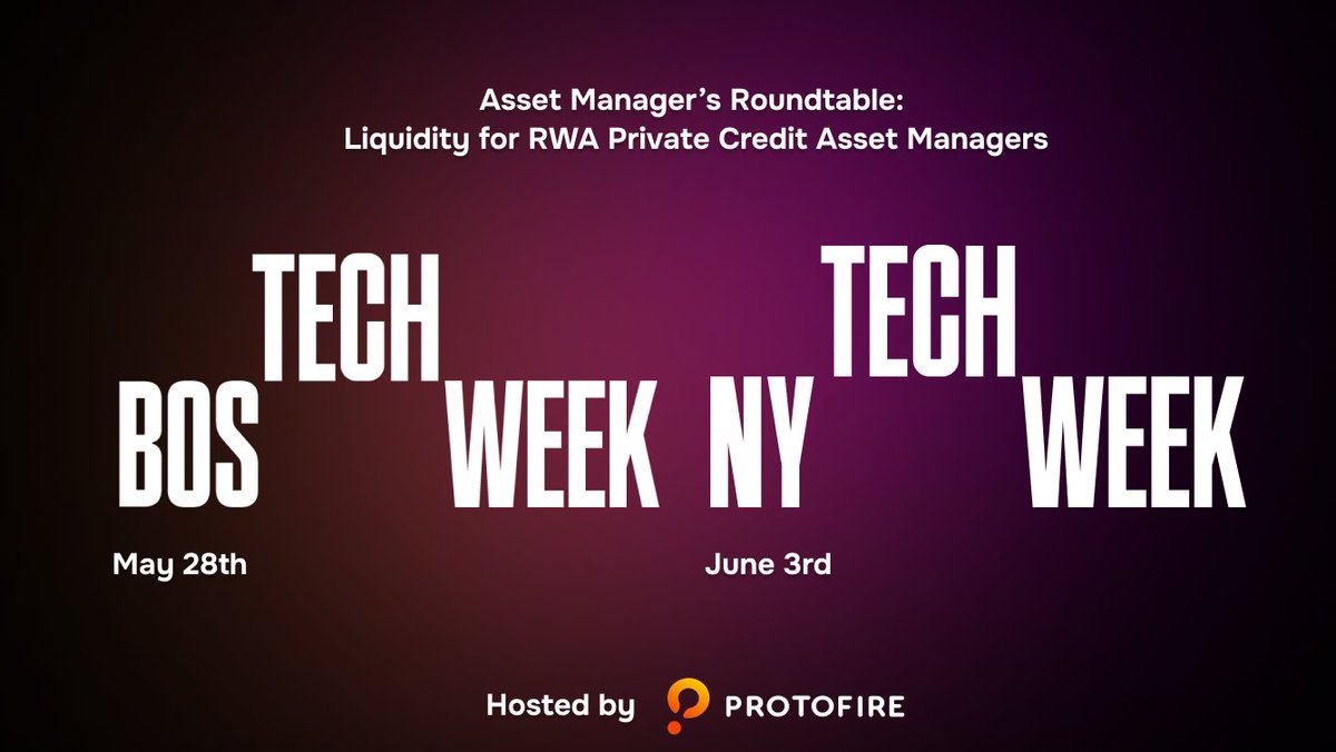 protofire's tweet photo. Trillions in private credit. Fragmented liquidity. That's the gap.

Most tokenized credit instruments sit idle, technically on-chain, functionally illiquid. The origination-to-distribution pipeline is broken because the infrastructure doesn't exist to make these assets tradeable, composable, or attractive to institutional capital.

We're gathering the builders and allocators who want to fix that during @Techweek_. Two cities. One sharp conversation.
Boston — May 28
New York — June 3