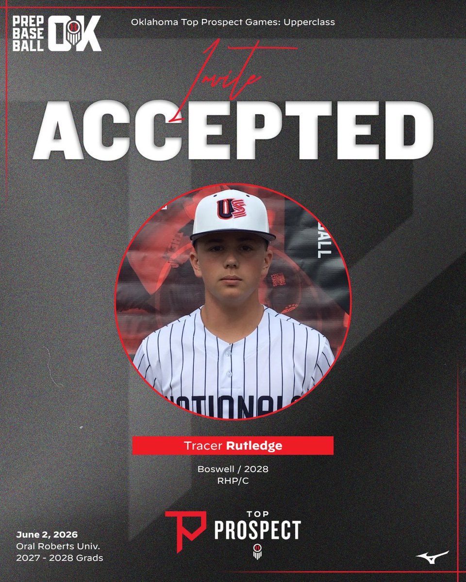 PrepBaseballOK's tweet photo. 𝙊𝙠𝙡𝙖𝙝𝙤𝙢𝙖 𝙏𝙤𝙥 𝙋𝙧𝙤𝙨𝙥𝙚𝙘𝙩 𝙂𝙖𝙢𝙚𝙨: 𝙐𝙥𝙥𝙚𝙧𝙘𝙡𝙖𝙨𝙨 - 𝙄𝙣𝙫𝙞𝙩𝙚 𝘼𝙘𝙘𝙚𝙥𝙩𝙚𝙙 ✅

'28 RHP/C Tracer Rutledge (Boswell) is Locked In 🔐 for #OKTPGUpper

👤: https://t.co/mYfWjSu05K // @tracerrutledge2 https://t.co/DjDL00bie1