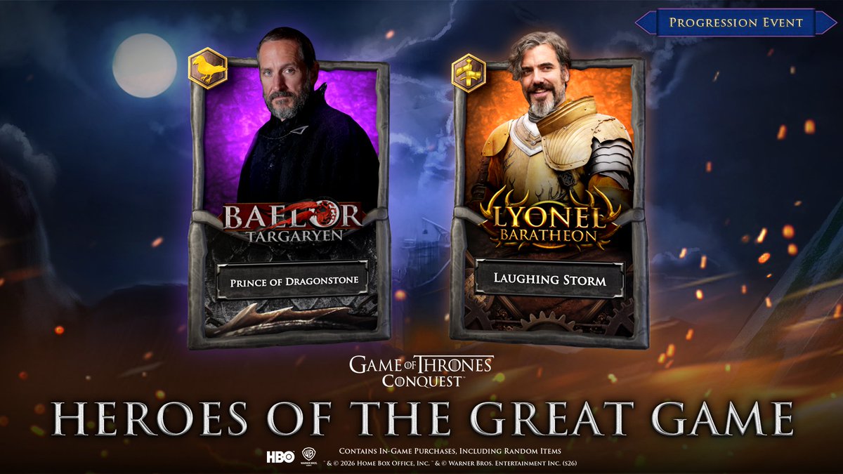 GOTConquest's tweet photo. Baelor Targaryen (Prince of Dragonstone) and Lyonel Baratheon (Laughing Storm) are your latest heroes from 'A Knight of the Seven Kingdoms' to join Game of Thrones: Conquest!

Head over to your Tower At The Hand to begin summoning them. https://t.co/T2rHG5121g